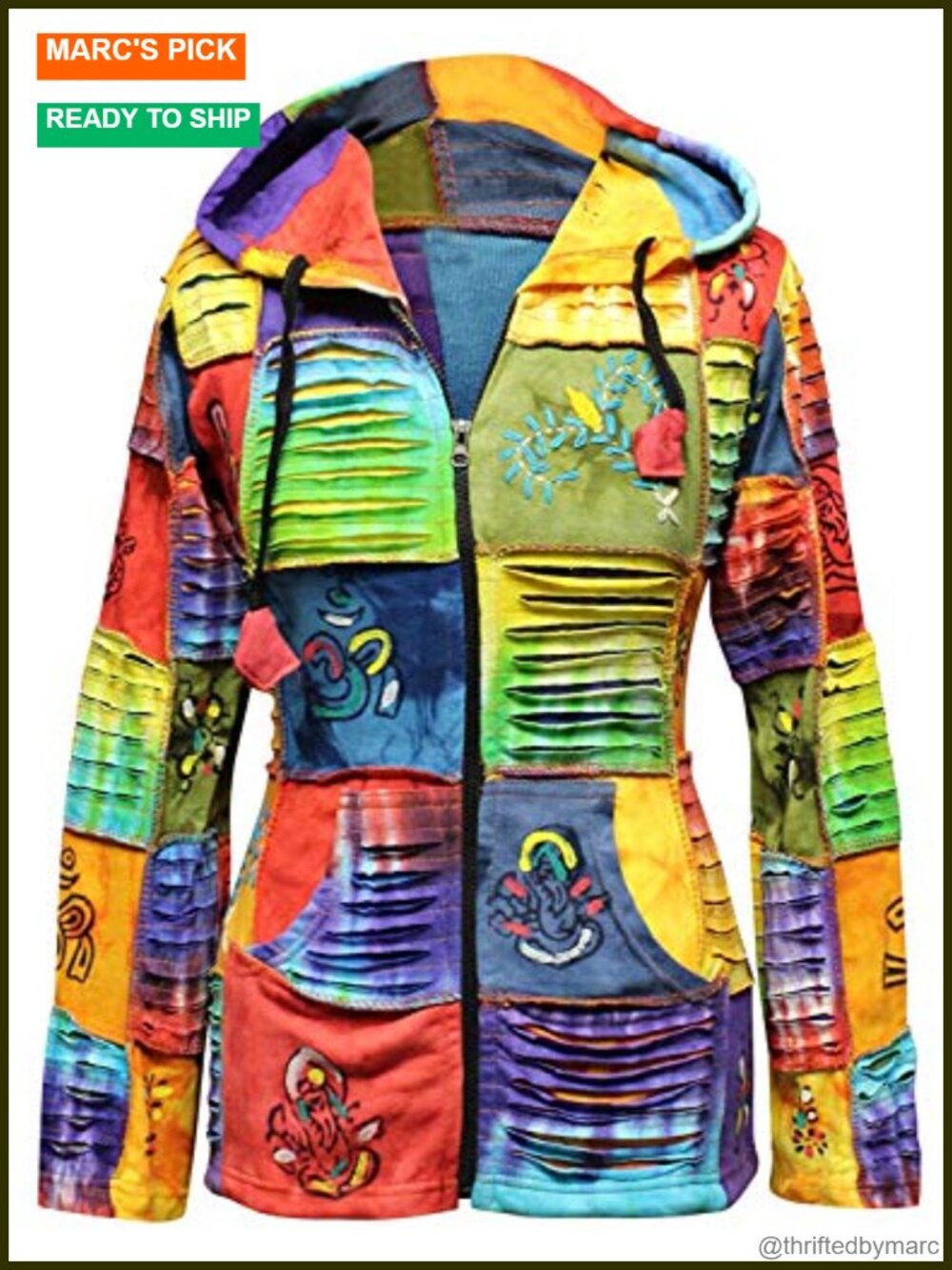 100% Cotton Boho Hippie Hooded Jacket Zip Up Cardigan Slashed Patchwork
